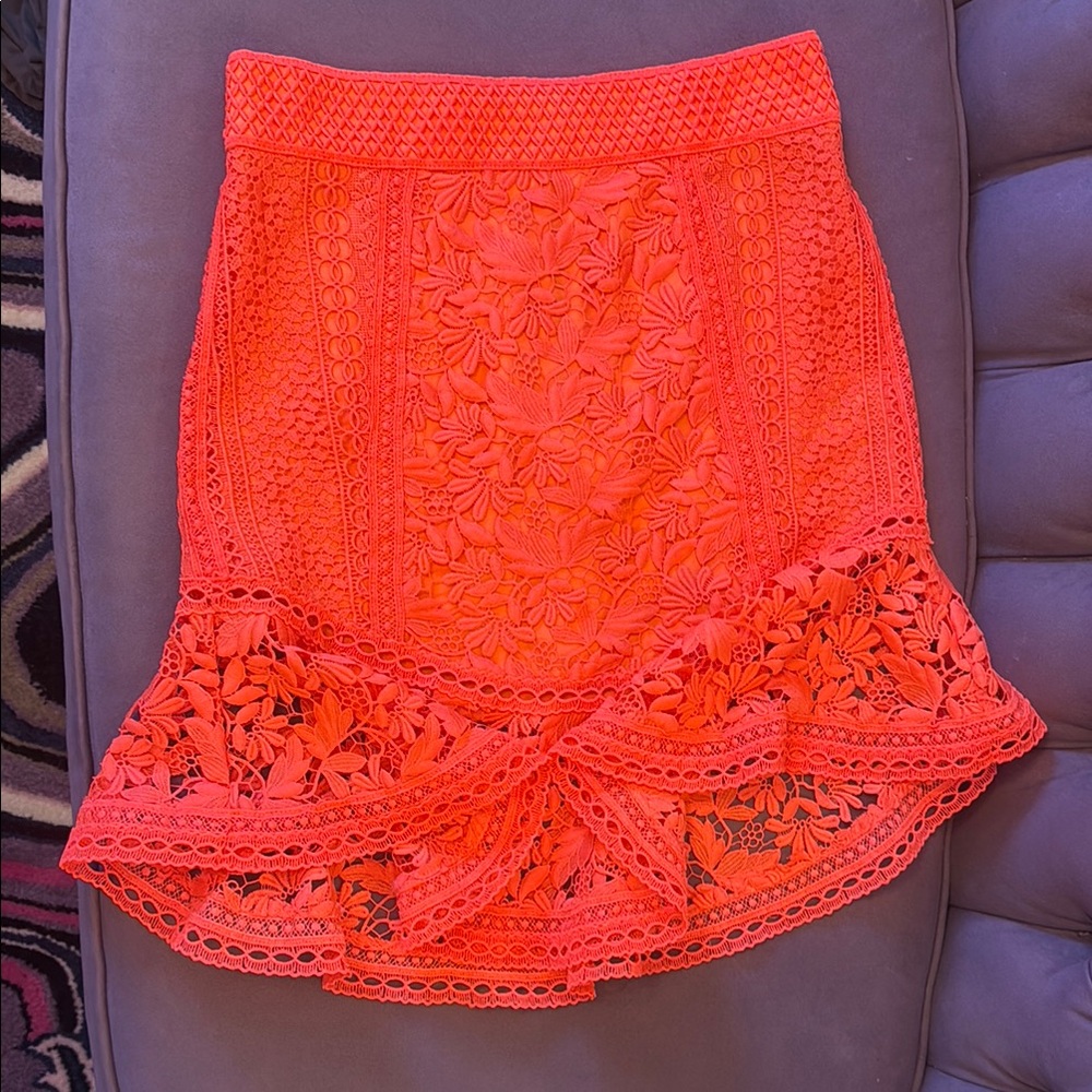 Alice + Olivia flounced lace skirt neon coral